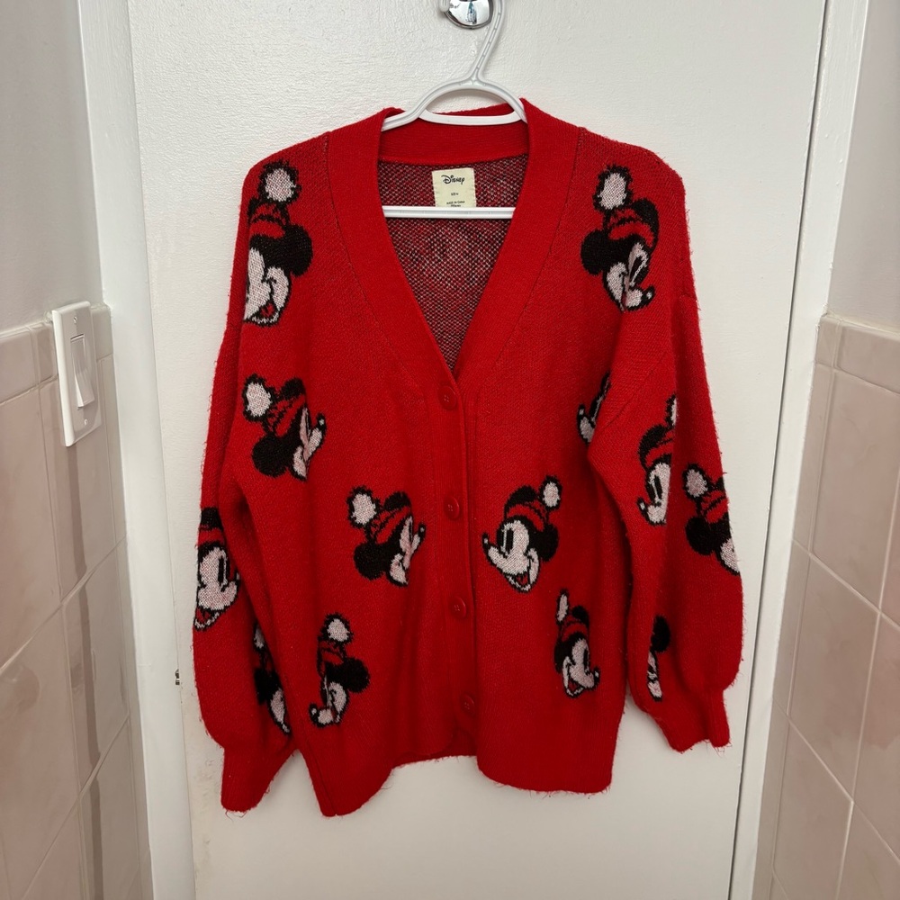 Original Disney Women's Red Cardigan with Mickey Mouse Santa Hat Design